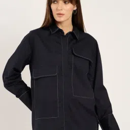 FEMMELLA Navy Blue Relaxed Fit Solid Poplin Shirt-image-56