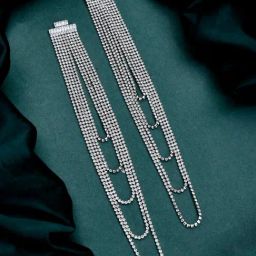 Voylla Silver Timeless Sparkle Crystal Rain Multilayer Silver Rhinestone Drop Earrings-picture-16