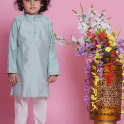 Little Bansi Boys Blue & White Self Full Sleeves Kurta Set image 3