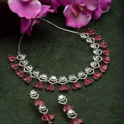 Zeneme Rhodium Plated AD Studded Necklace and Earrings Set-picture-45