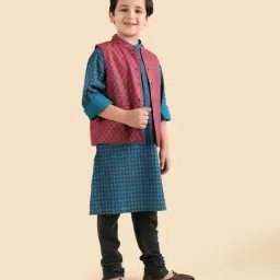 Fabindia Boys Blue Geometric Cotton Kurta And Nehru Jacket Set image 3