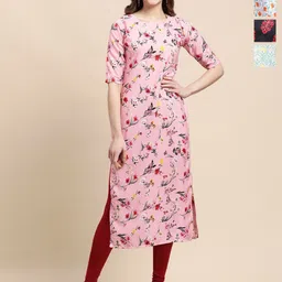 Ethnic basket Women Pack Of 4 Floral Printed Round Neck Straight Crepe Kurta-picture-32