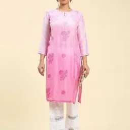 House Of Kari Samma Chikankari Long Kurta Notch Neck in Chanderi Silk for Women - Pink-image-9