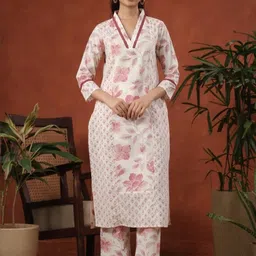 KJFAB Women Cream Pure Cotton Kurta Sets-image-79
