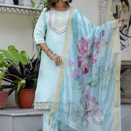 DIVASTRI Embroidered Mirror Work Pure Cotton Straight Kurta With Trousers & Dupatta-image-23