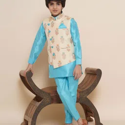 AJ Dezines Full Sleeves Solid Curved Hem Kurta & Pyjama With Vintage Flower Motif Self Designed Jacket - Ferozi Blue-picture-23