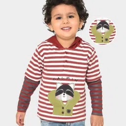 Mi Arcus 100% Cotton Full Sleeves Striped Designed Animal Embroidered Hooded Tee -  Red-picture-25