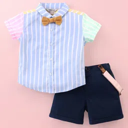 ToffyHouse 100% Cotton Half Sleeves Striped Shirt & Shorts Set with Suspenders & Bow - Multicolor-picture-20