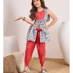 Pspeaches Sleeveless Floral Printed Kurta With Dhoti - Red-picture-12