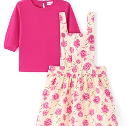 Babyhug Cotton Knit Floral Printed Frock with Full Sleeves Solid T-Shirt - Dark Pink-picture-11