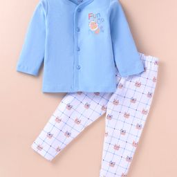 Simply Interlock Knit Full Sleeves Front Open Night Suit With Checks & Bear Print - Light Blue & White-picture-23