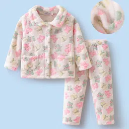 Mark & Mia Full Sleeves Co-ords Fur Winter Wear Night Suit with Butterfly Design - White image 1