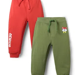 Babyhug Cotton Terry Knit Full Length Lounge Pant With Animal & Text Print Pack Of 2 - Red & Olive Green-picture-29