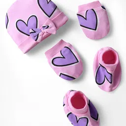Bonfino 100% Cotton Knit Cap Mittens & Booties With Heart Print Pink - Diameter 11 cm-picture-26