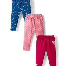 Babyhug Cotton Knit Full Length Leggings With Stretch & Floral Print Pack Of 3 - Blue Pink & Red image 1
