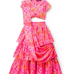 Pine Kids Woven Half Sleeves Floral Printed Choli Lehenga Set with Dupatta - White-picture-28