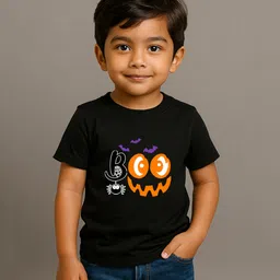 BLUSHES 100% Cotton Knit Halloween Theme Half Sleeves Boo Text Printed Tee - Black-picture-15