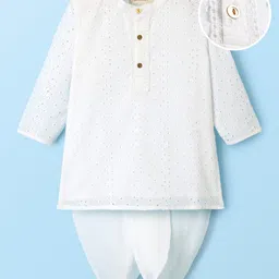 EARTHY TOUCH Schiffili Woven Full Sleeves Dhoti & Kurta Set with Floral Design - White-picture-25