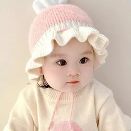 Ziory Wool Knit Frill Detailed Cap - Pink - Circumference 44 Cms-image-4