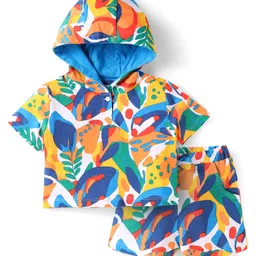 Babyhug Single Jersey Knit Half Sleeves Hooded T-Shirt & Shorts Set With Tropical Print - Yellow & Blue image 2
