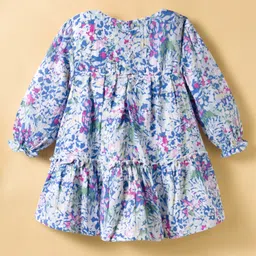 ToffyHouse Cotton Woven Full Sleeves Frock with Floral Print & Bow Applique - Blue image 2