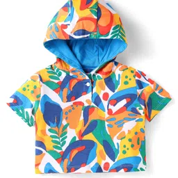 Babyhug Single Jersey Knit Half Sleeves Hooded T-Shirt & Shorts Set With Tropical Print - Yellow & Blue image 3