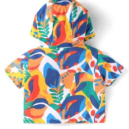 Babyhug Single Jersey Knit Half Sleeves Hooded T-Shirt & Shorts Set With Tropical Print - Yellow & Blue image 4