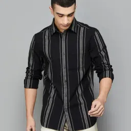 Bossini Black Cotton Regular Fit Striped Shirt-image-0