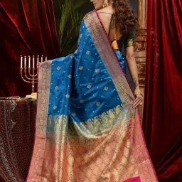 House Of Begum Firozi Banarasi Handloom Satin Silk Saree With Embroidery Work With Blouse Piece image 3