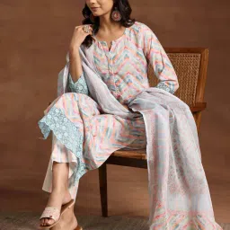 Libas Beige & Blue Embroidered Kurta Palazzo Set With Dupatta image 3