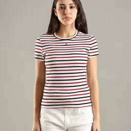 Tommy Hilfiger White Cotton Slim Fit Striped T-Shirt-image-31