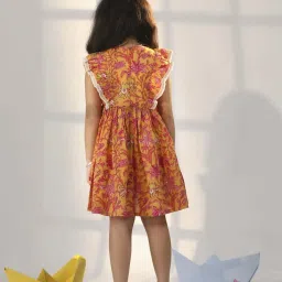 VASTRAMAY Girls Mustard Cotton Floral Dresses image 3