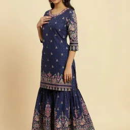 W Blue Cotton Printed Kurti Sharara Set With Dupatta image 3