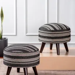 Nestroots Printed Black Cotton Canvas 4 Legs Ottoman - Set of 2-image-15