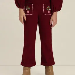 VERO MODA GIRL Oxblood Red Cotton Embroidery Pants-picture-23