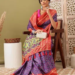 Silk Land Blue & Red Silk Printed Saree With Unstitched Blouse image 3