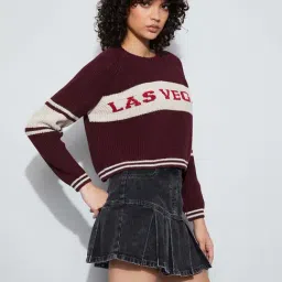 Ginger By Lifestyle Wine Cotton Regular Fit Printed Sweater image 3