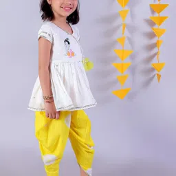Lil Drama Janmashtami White Girls Cotton Kurta and Yellow Dhoti Ethnic Set image 3