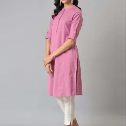 W Pink Cotton Straight Kurta image 3