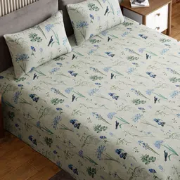 haus & kinder Green & Blue Floral 210 TC King Bedsheet with 2 Pillow Covers image 5
