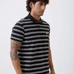 Spykar Black Slim Fit Striped Polo T-Shirt image 3