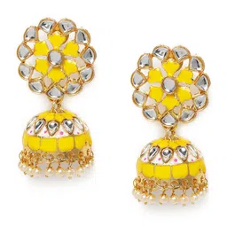Kord Store Yellow Gold-Plated Kundan Studded Dome Shaped Jhumkas-image-13