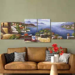 Art Street Dark Blue Cotton Canvas Abstract Seaside House With Garden Painting - Set of 4-picture-10