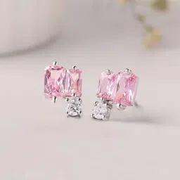 Ornate Jewels 925 Silver Rhodium Plated Pink American Diamond Stud Earring for Women-image-15