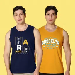 WOOSTRO Men Pack of 2 Typography Printed Round Neck Cotton Slim Fit Sports T-shirts image 3