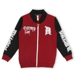 Earth Conscious Fleece Full Sleeves Placement Text Printed Zipper Bomber Style Sweat Jacket - Maroon & Navy Blue-picture-22