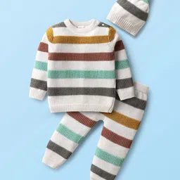 Babyhug Cotton Knit Full Sleeves Striped Sweater Set with Cap - White-picture-15