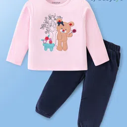 Babyoye 100% Cotton Knit Full Sleeves T-Shirt & Lounge Pants Set With Teddy & Floral Applique - Light Pink-picture-10