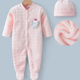 Kookie Kids Full Sleeves Footed Romper With Elephant Patch & Cap - Pink-picture-33