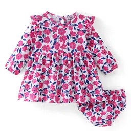 Doodle Poodle Cotton Knit Full Sleeves Floral Printed Frock With Frill Detail & Bloomer - White & Pink-picture-15
